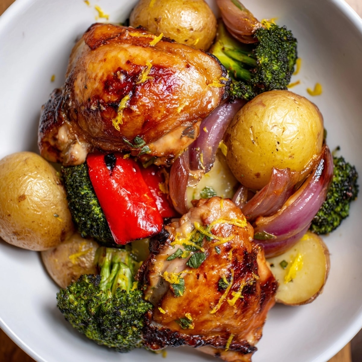 Honey Lemon Roasted Chicken Sheet Pan dinner with golden chicken thighs and vibrant roasted vegetables.