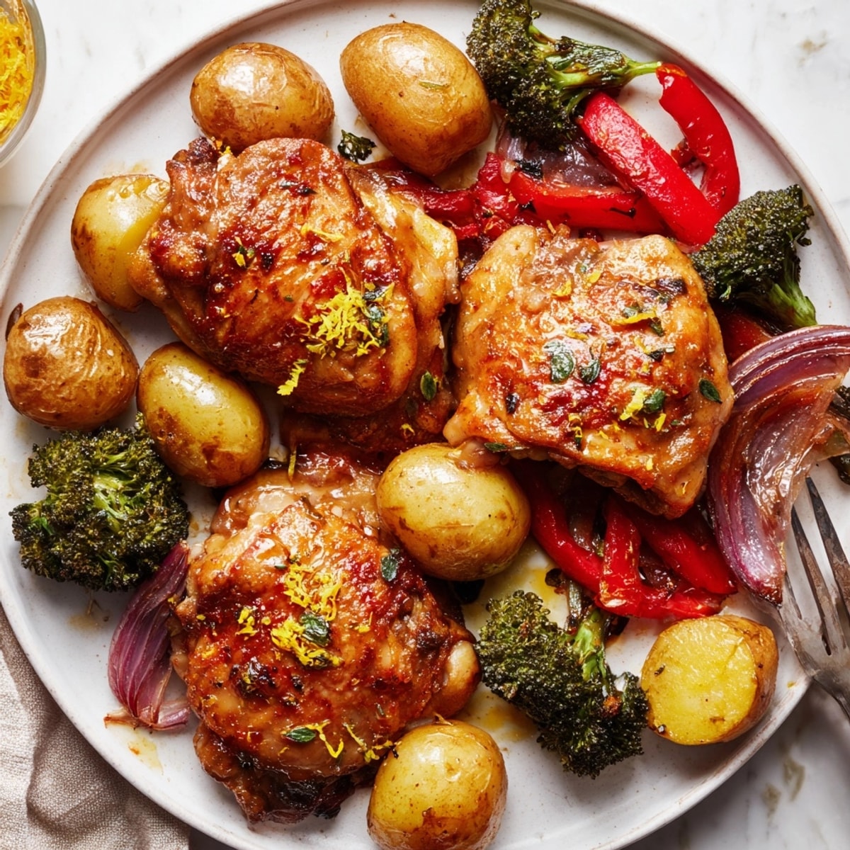 Sheet pan of Honey Lemon Roasted Chicken, served hot with caramelized veggies and fresh lemon zest.