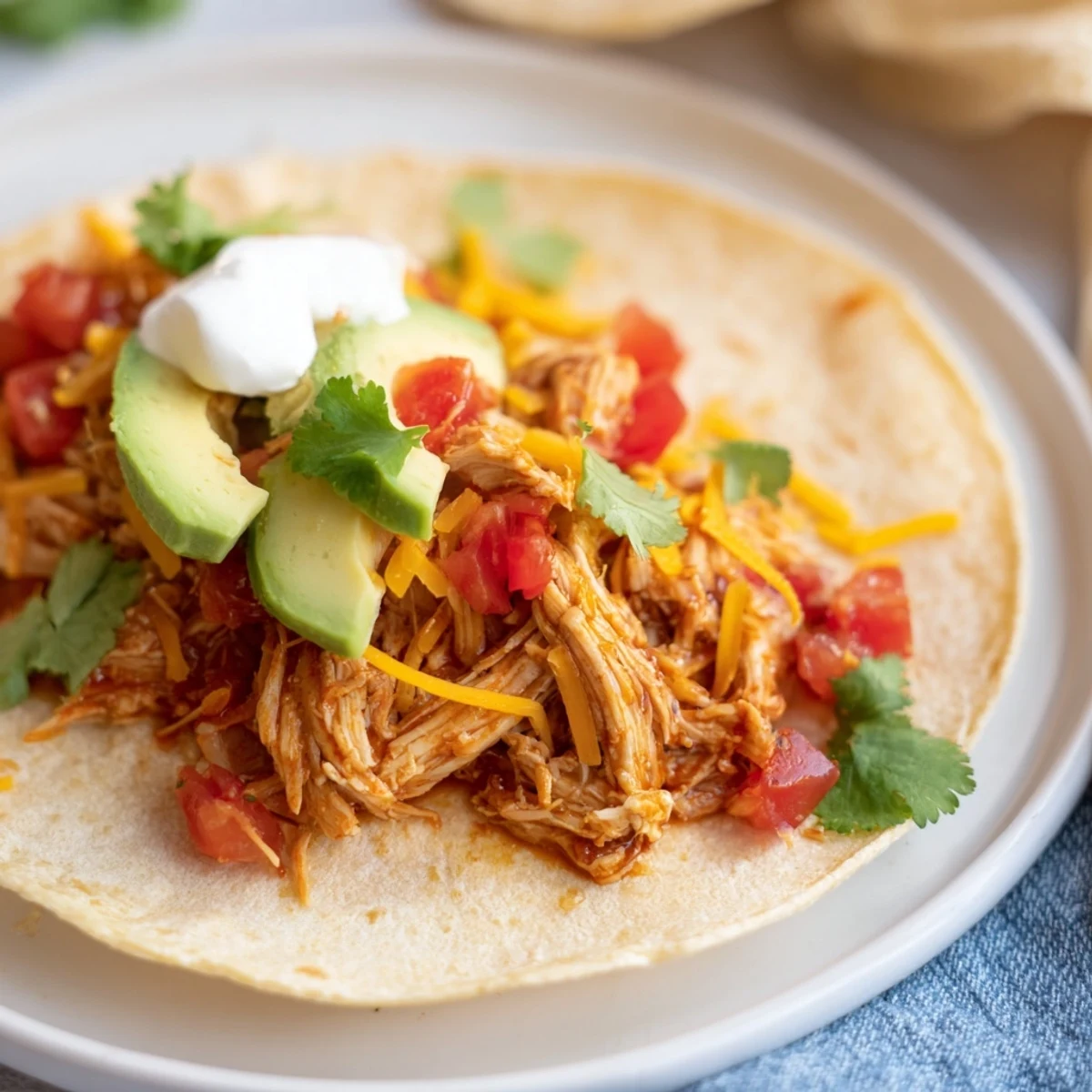 Golden slow cooker shredded chicken tacos, brimming with flavorful meat, ready for easy taco night.