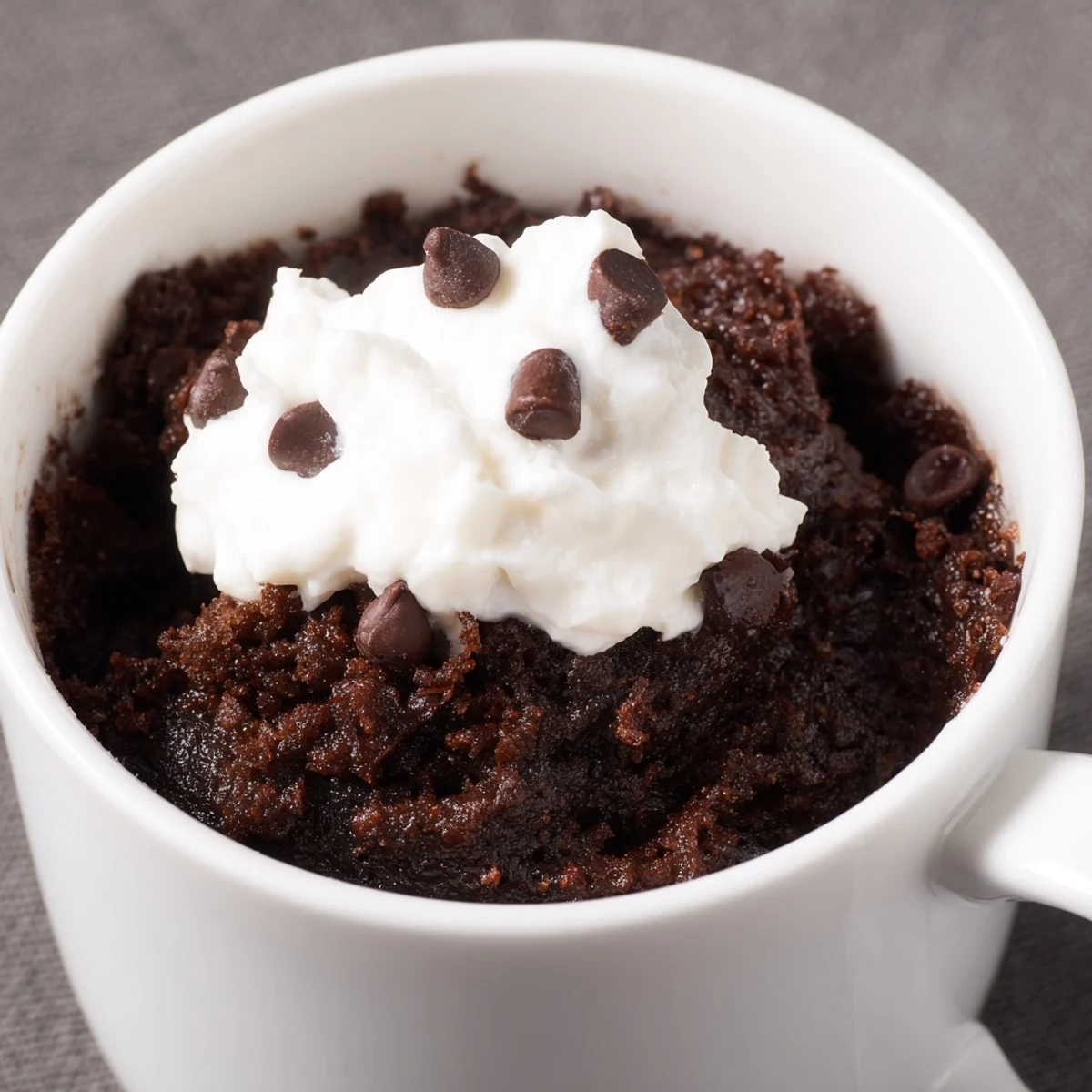 Warm, fudgy chocolate mug cake, topped with fluffy whipped cream, a quick dessert you'll love.