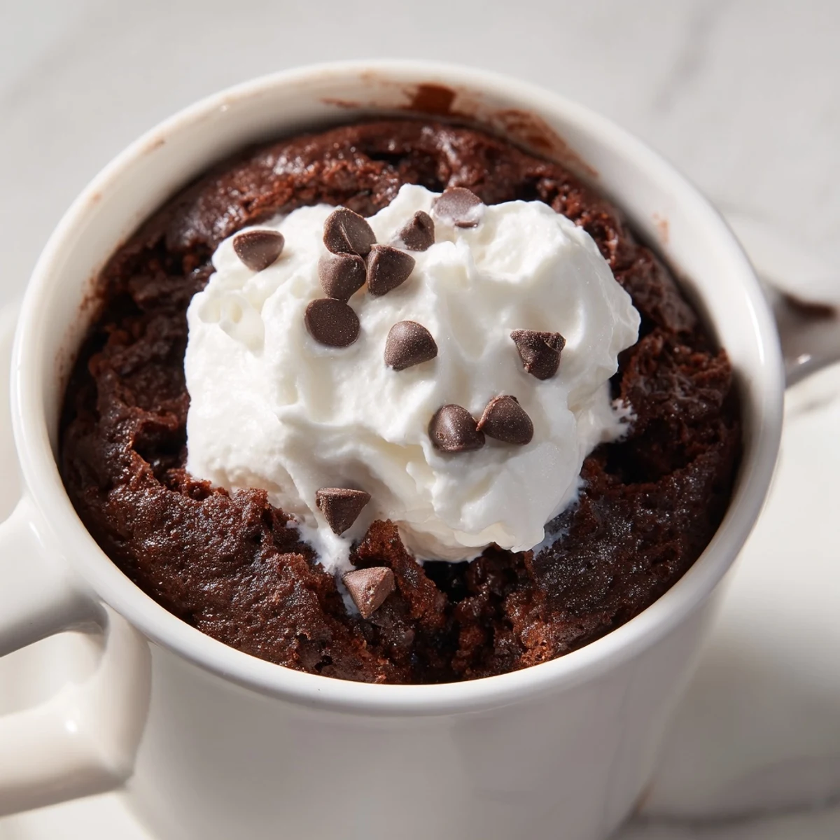 This decadent chocolate mug cake, fresh from the microwave, smells intensely of cocoa and vanilla.
