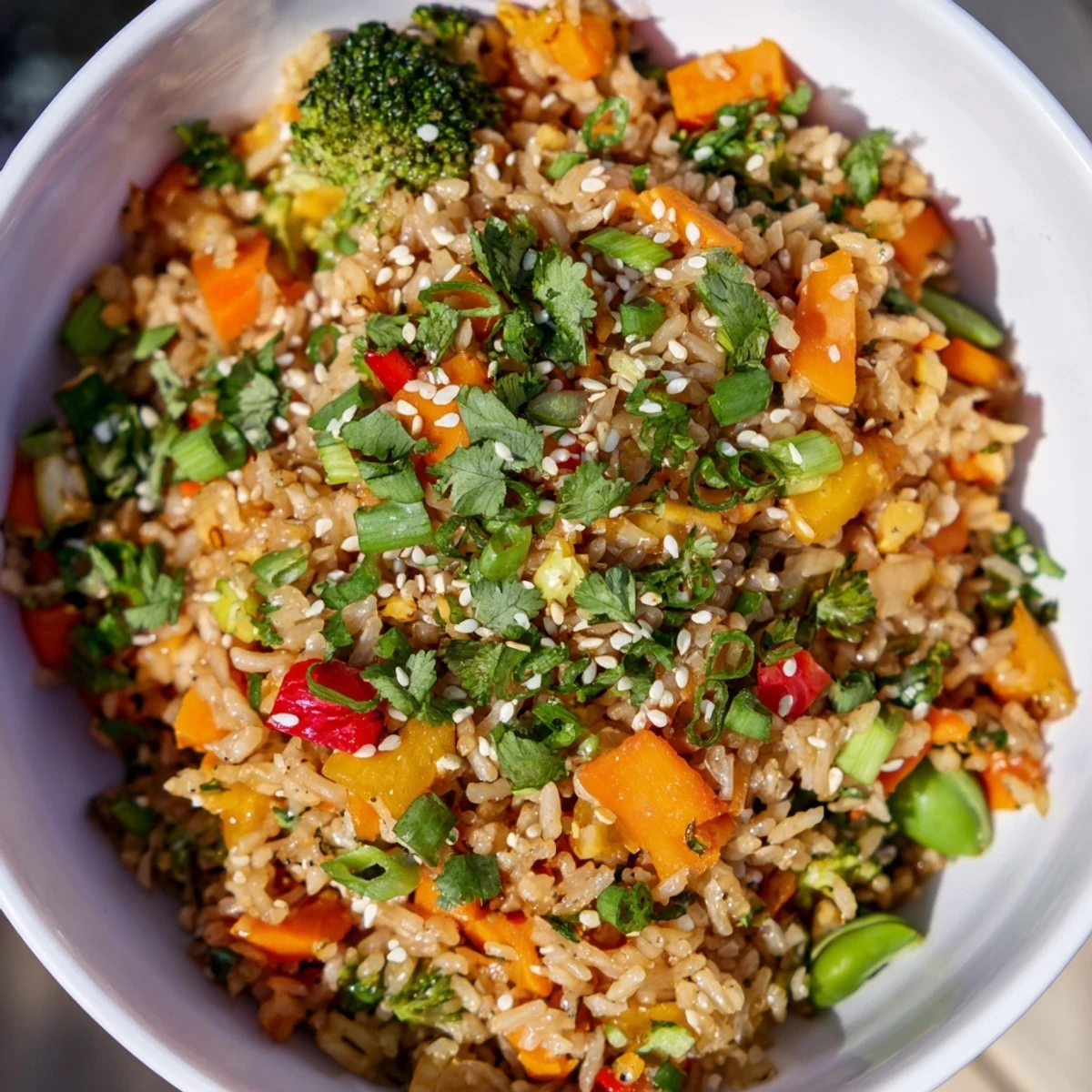 Golden and crispy Crispy Vegetable Fried Rice Bowls, brimming with colorful vegetables and savory sauce, ready for enjoying.