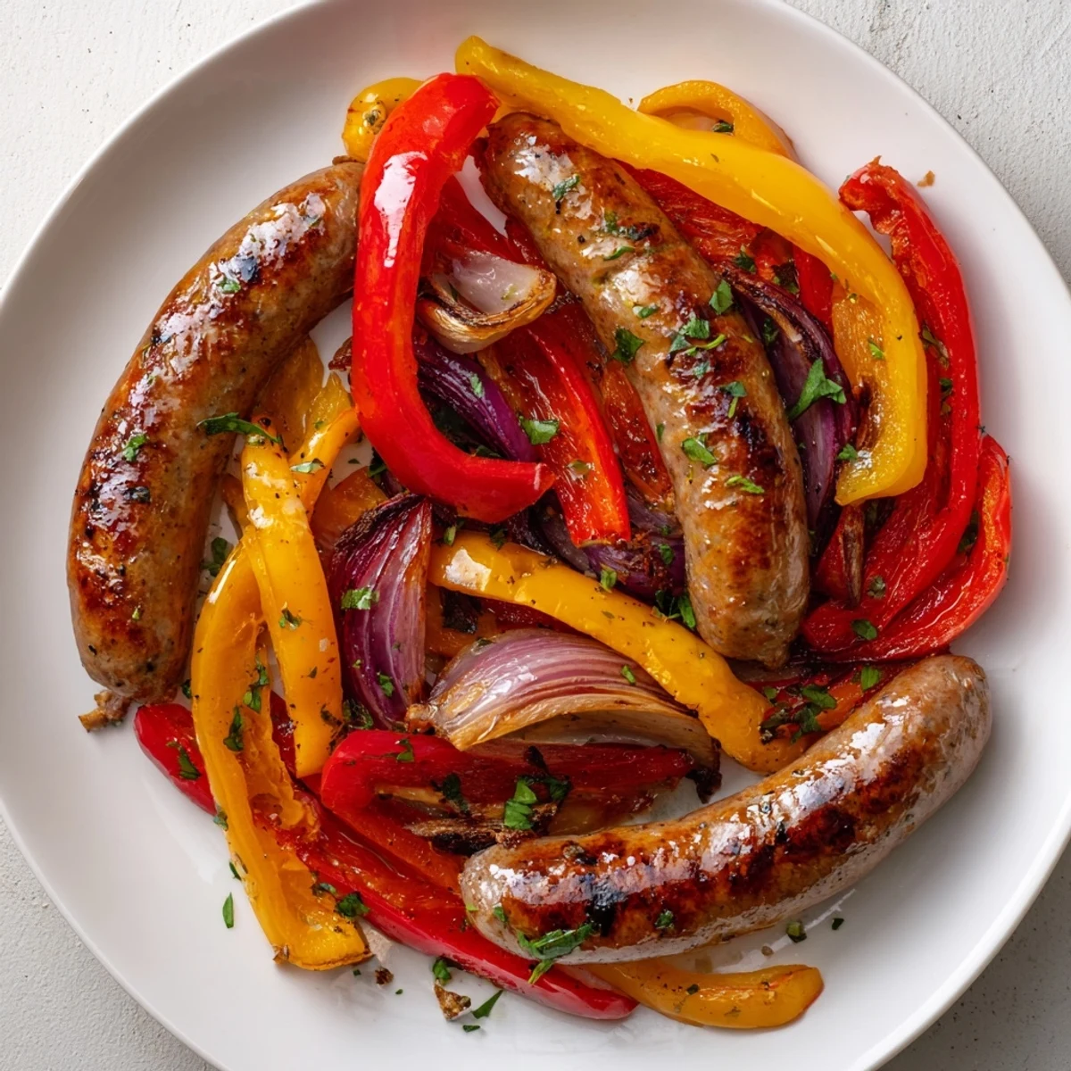 Golden-brown Italian sausage, peppers, and onions roasted to tender perfection on a sheet pan.