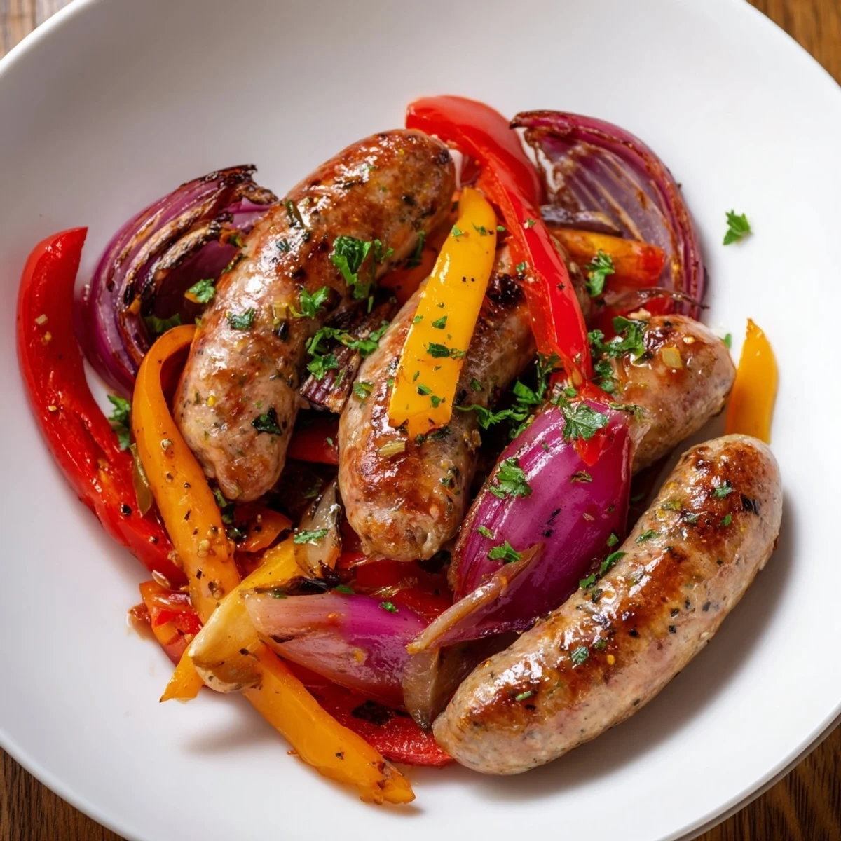 A sizzling close-up: Easy Sheet Pan Italian Sausage with vibrant veggies, ready to serve with crusty bread.
