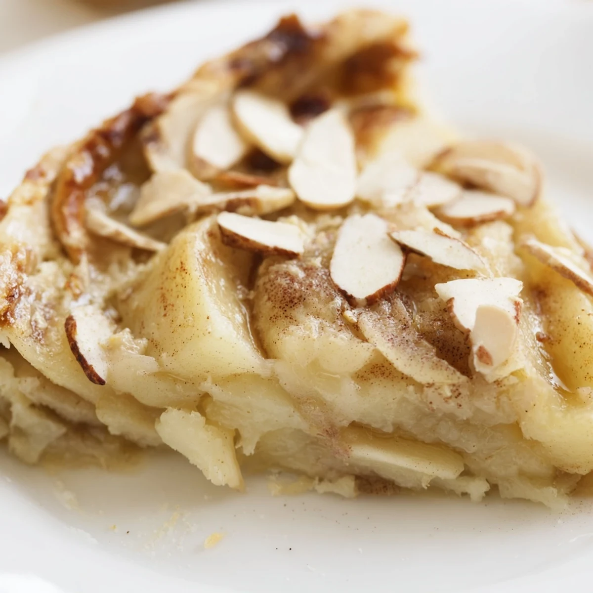 Homemade Rustic Crustless Apple Pie, ready to serve, features glistening, baked apple slices.