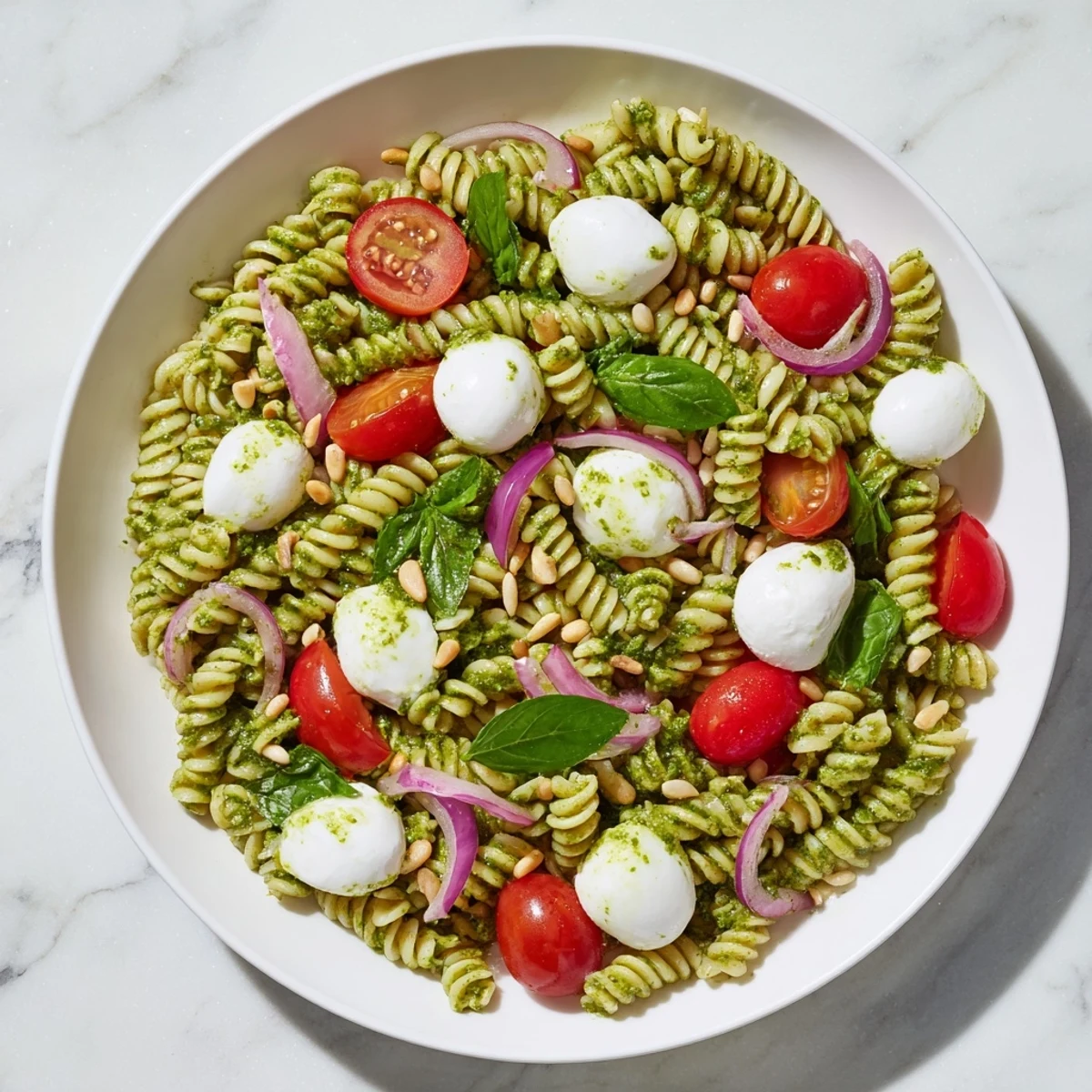 Cold pasta salad with pesto, mozzarella, and cherry tomatoes looks fresh, ready to eat for lunch.