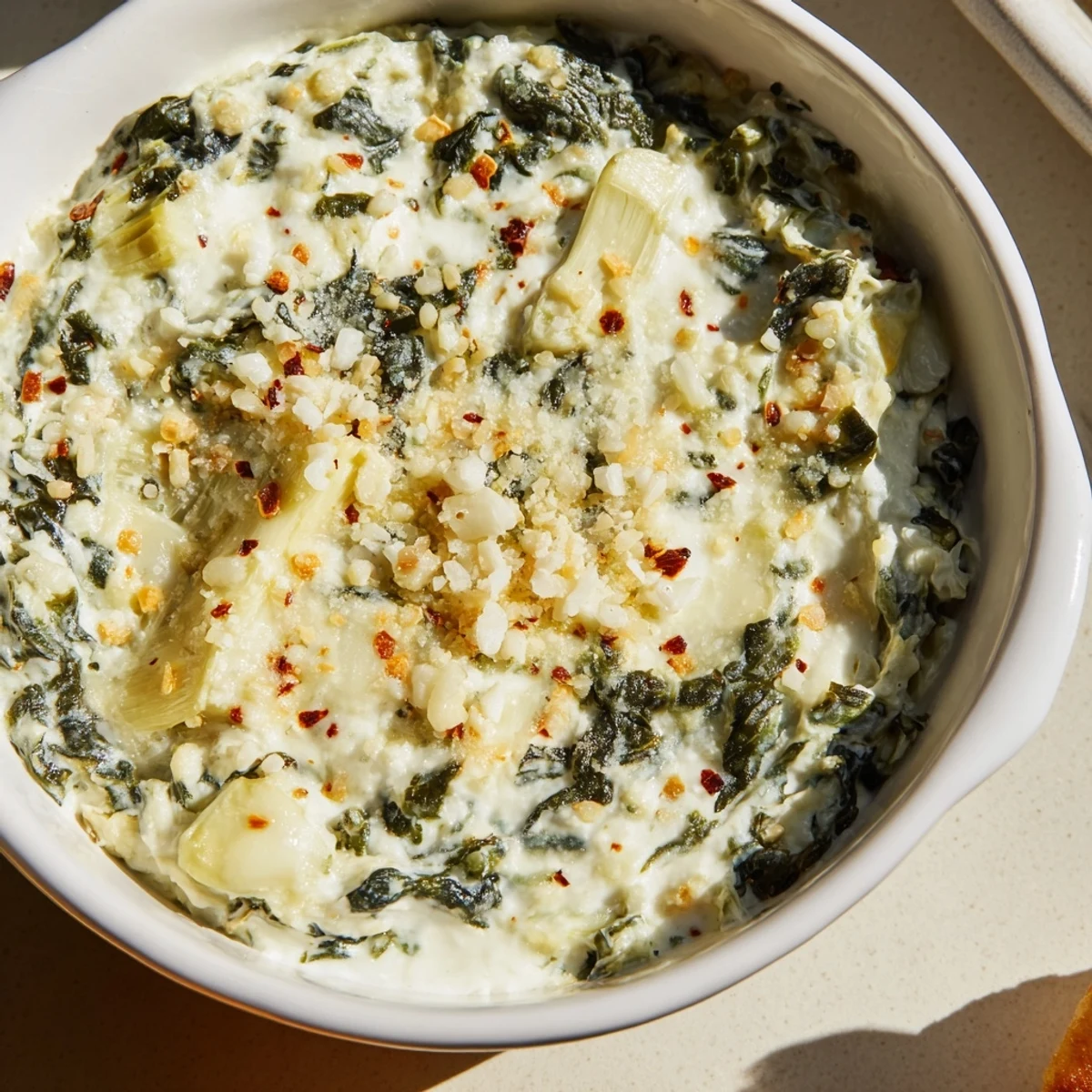 A close-up of creamy, cheesy Warm Spinach and Artichoke Dip, perfect for a cozy appetizer.