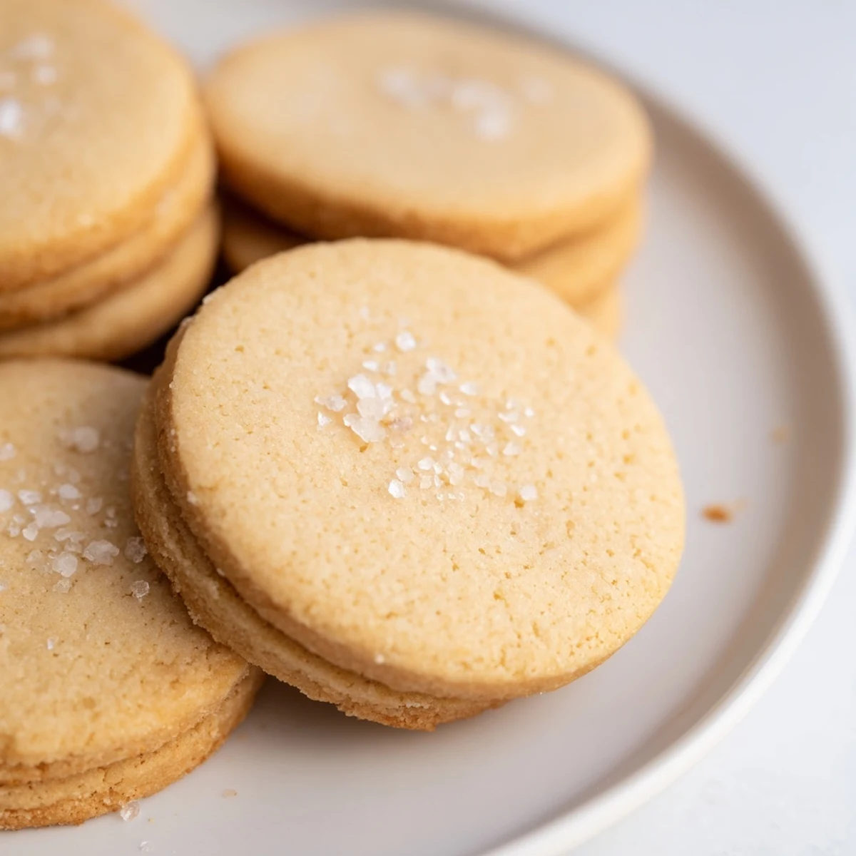 Close-up of freshly made Honey Butter Shortbread Cookies displaying a flaky, crumbly texture.