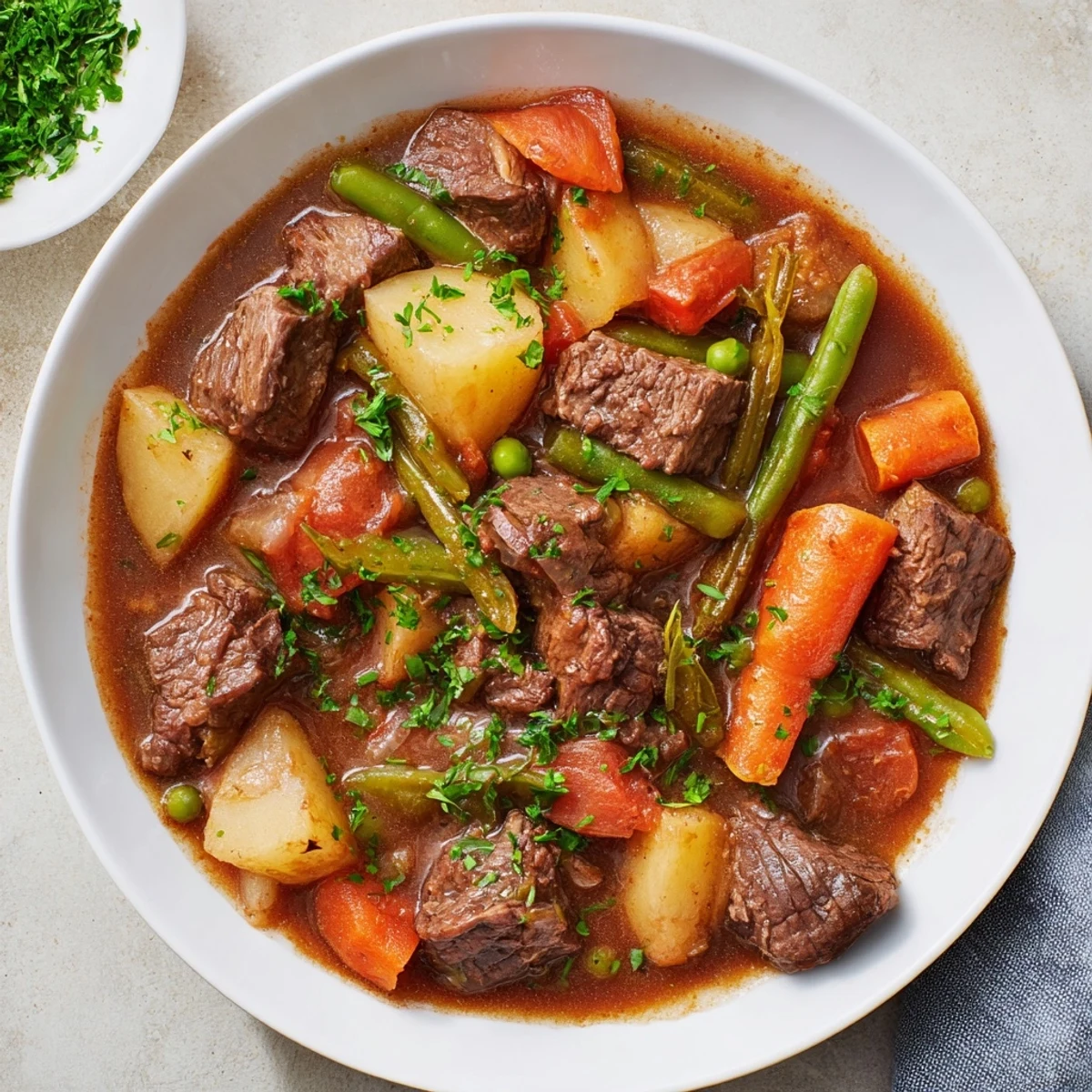 Tender chunks of beef and vegetables mingle in this savory pressure cooker beef and vegetable stew.