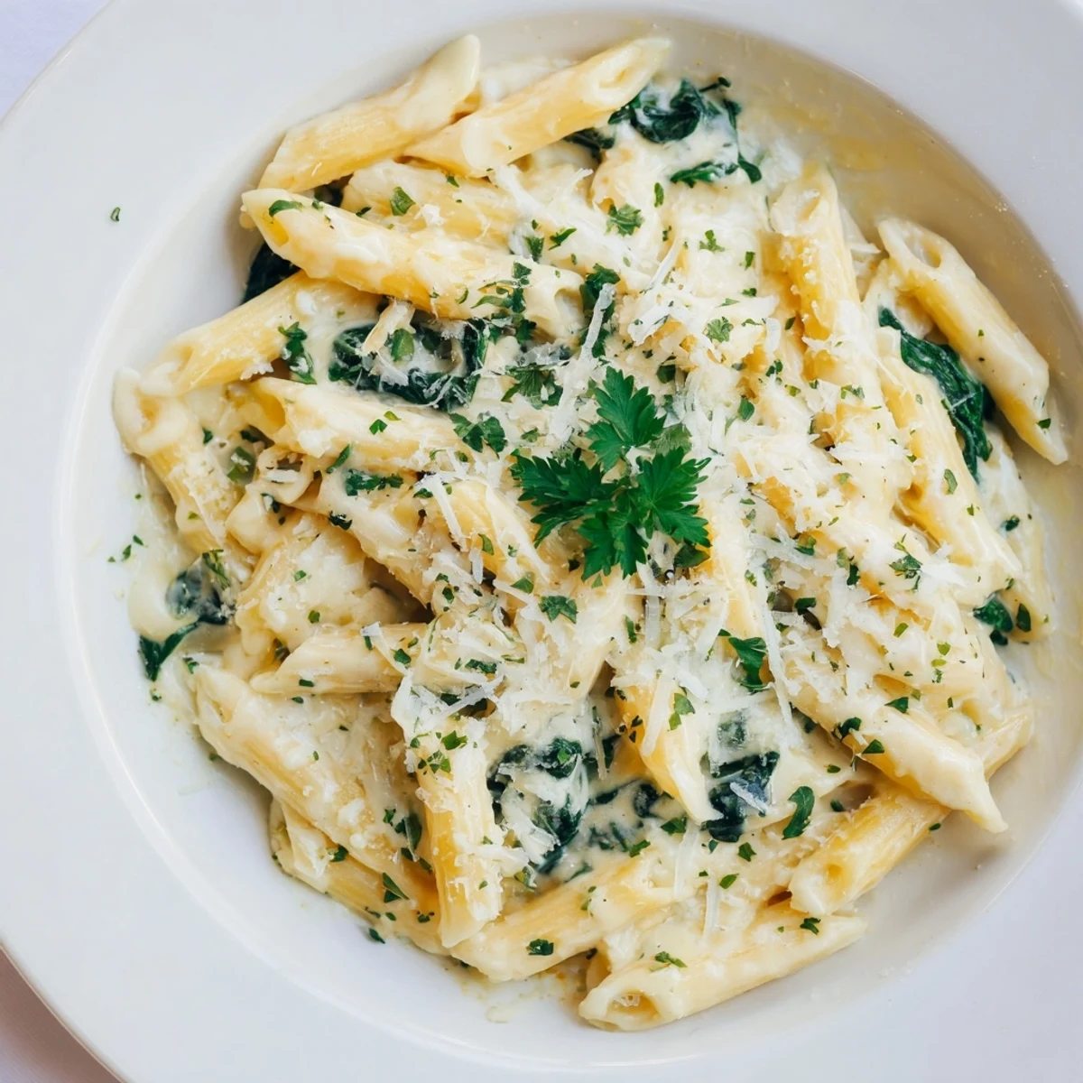 Vibrant photo of Magic Casserole: Creamy Spinach Pasta, with bubbly cheese and fresh parsley.