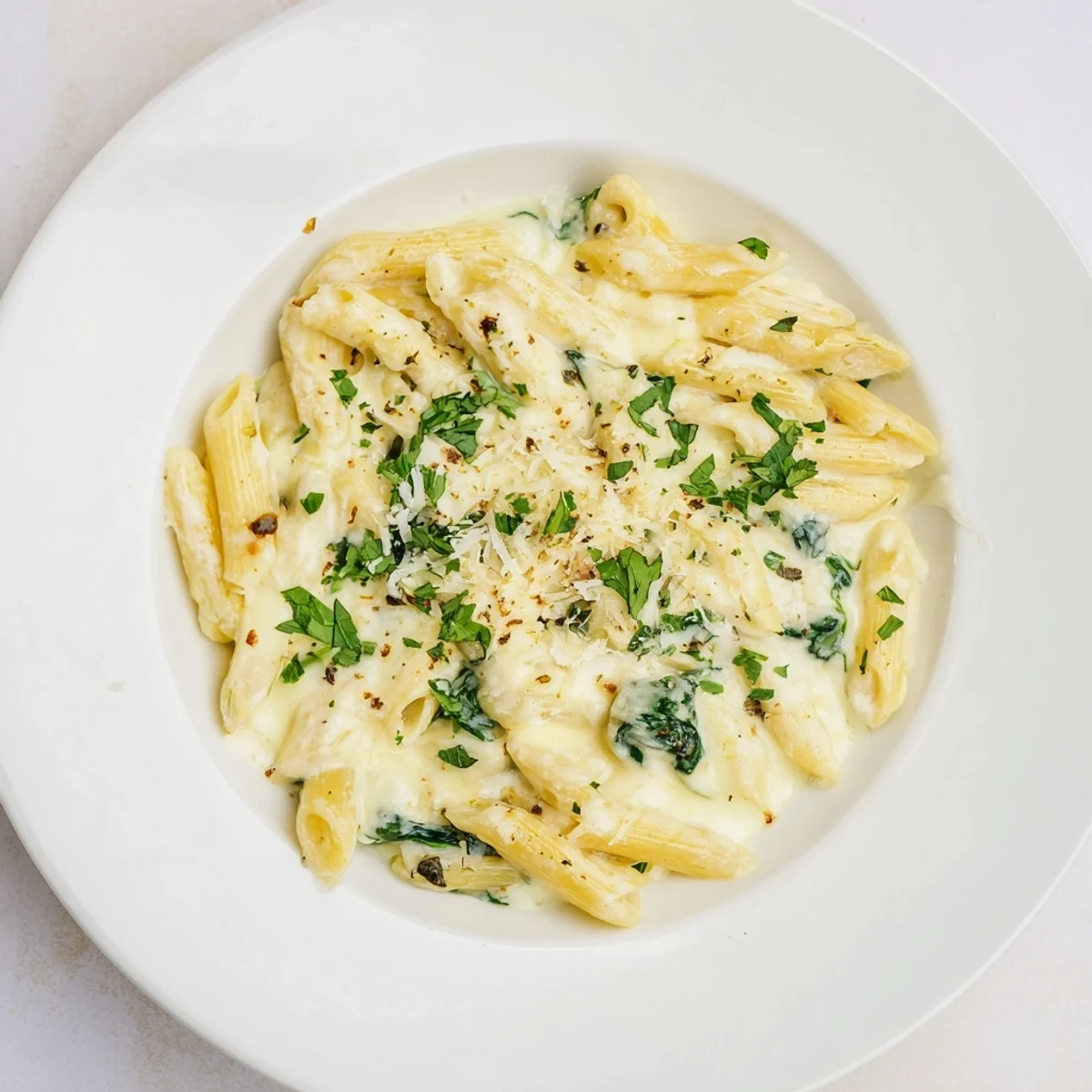 A steaming bowl of Magic Casserole: Creamy Spinach Pasta, perfect for a cozy, delicious dinner.