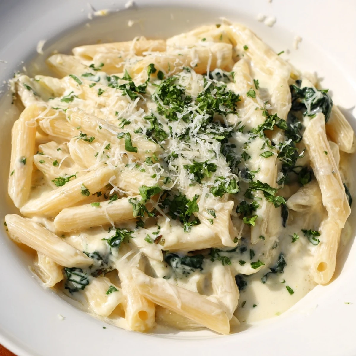 Close-up of the creamy, rich Magic Casserole, showcasing spinach and pasta in cheesy sauce.