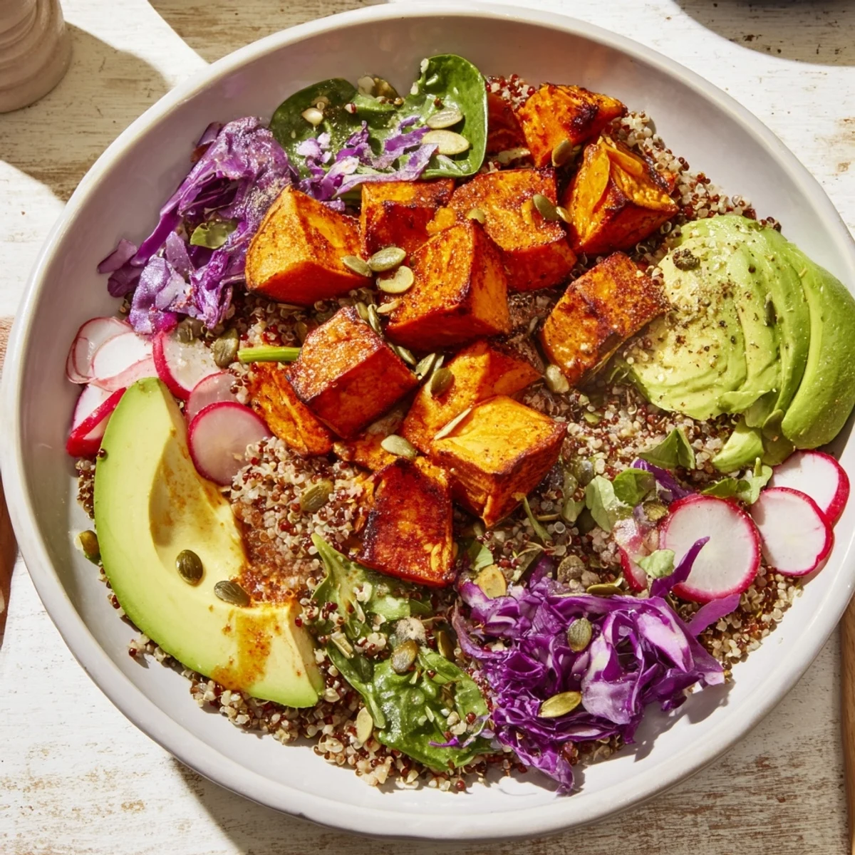 This Complete Veggie Bowl features vibrant quinoa, avocado slices, and a creamy tahini vinaigrette drizzle.