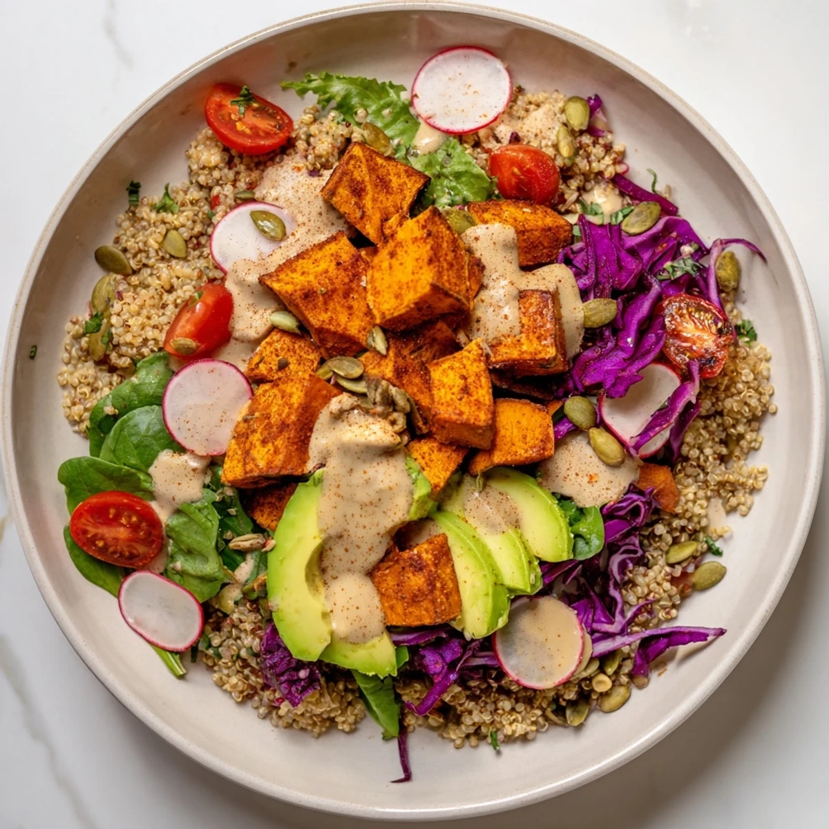 Complete Veggie Bowl brimming with roasted sweet potatoes, quinoa, tahini dressing, and fresh toppings.