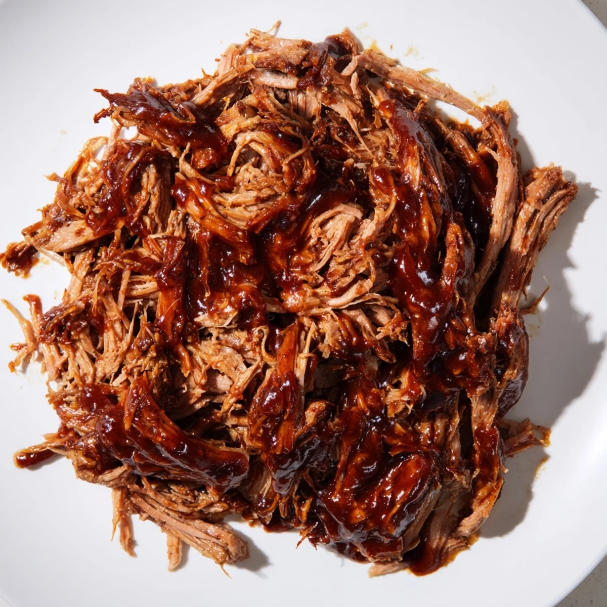 Tender 5-Ingredient BBQ Pulled Pork, a heap of shredded meat glistening with barbecue sauce.