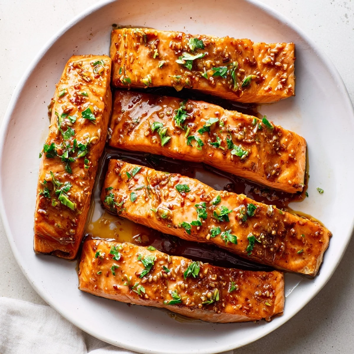 Broiled honey mustard glazed salmon, flaky and tender, ready to serve with lemon wedges.