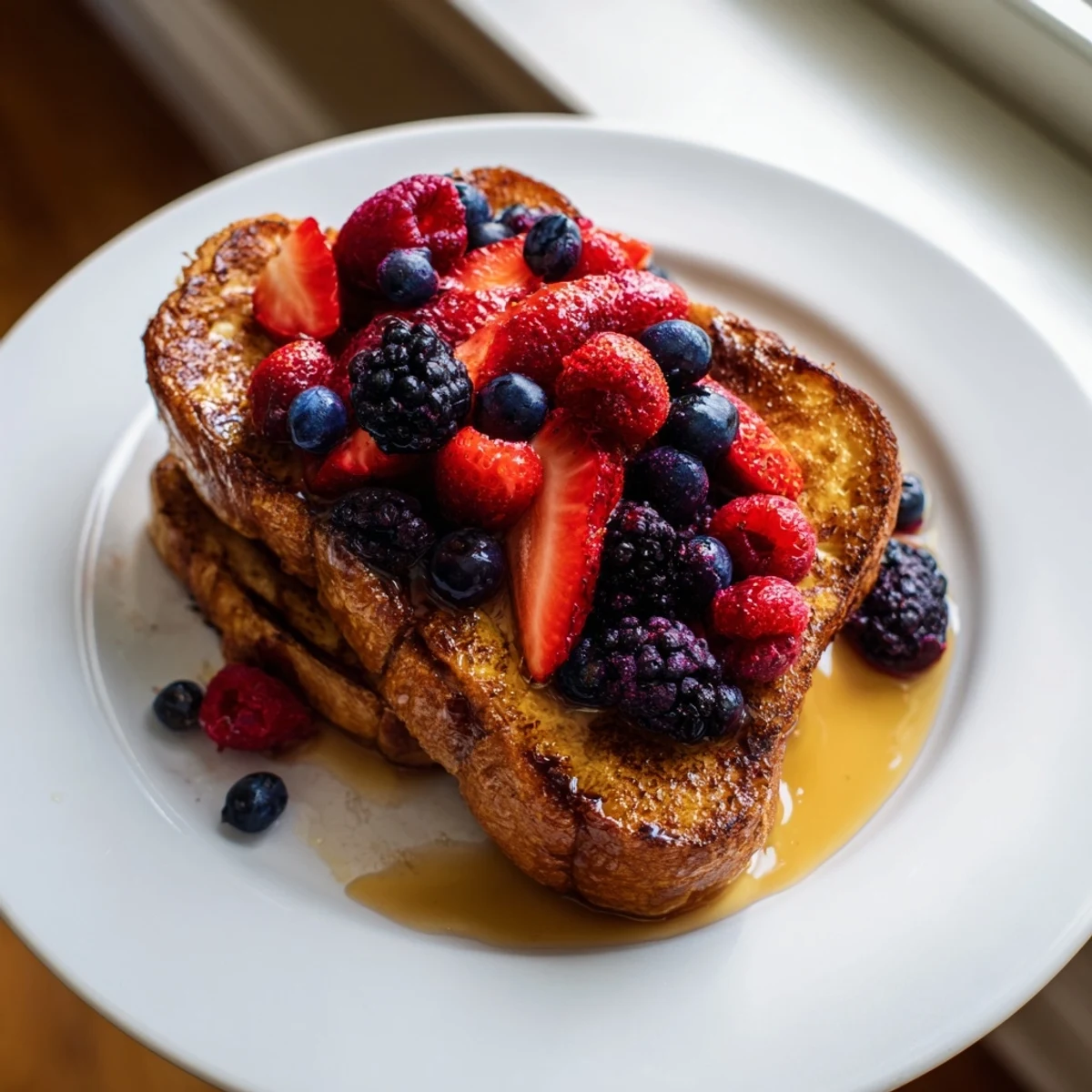 Deliciously soaked French toast with fresh berries—a beautiful, simple breakfast idea.