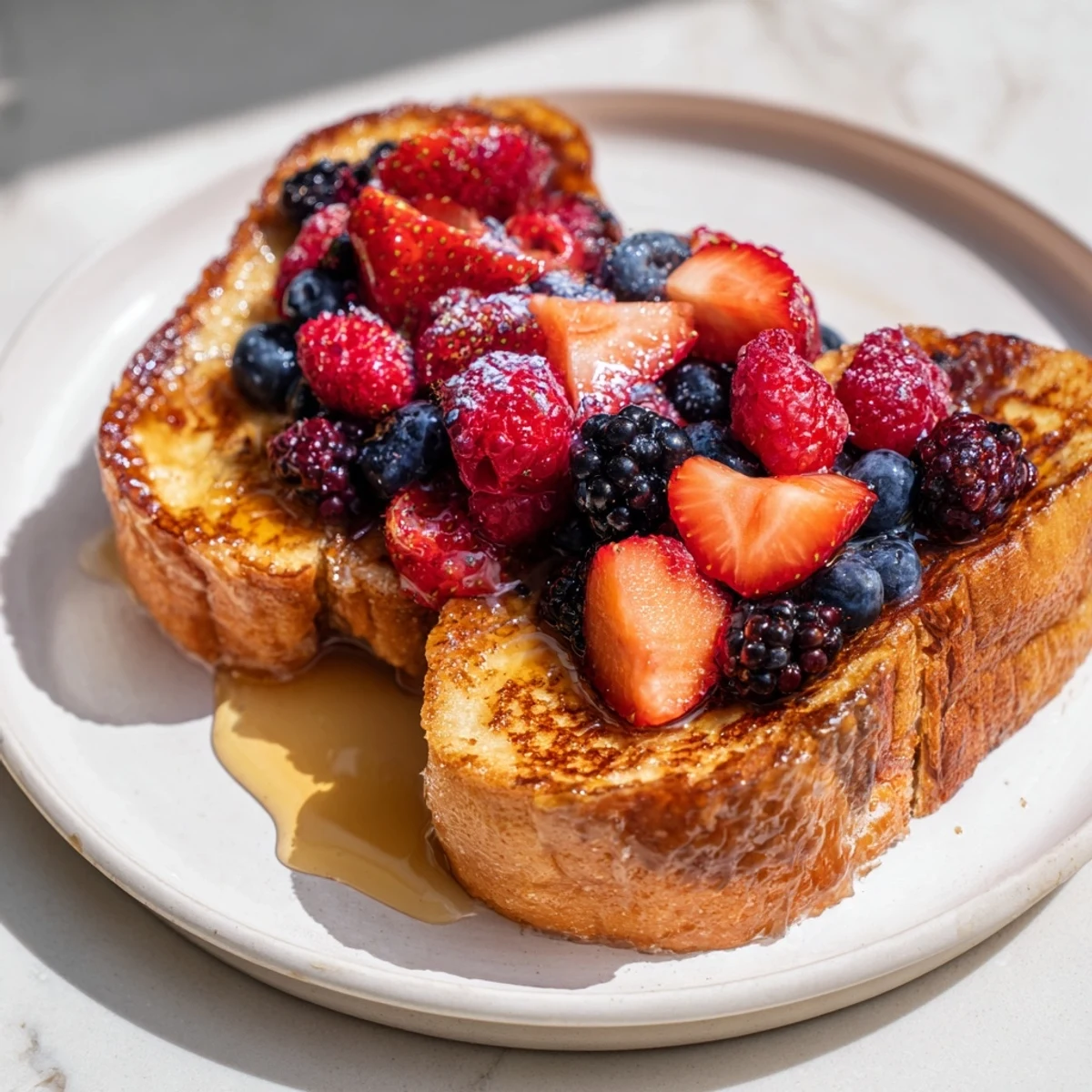Warm, buttery French toast, stacked with vibrant berries and lots of sweet maple syrup.