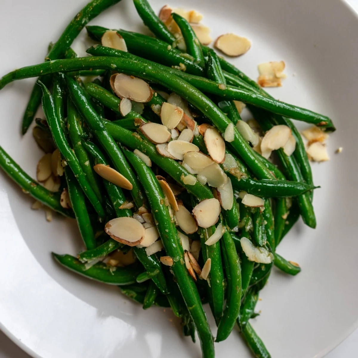 Sautéed green beans with garlic and almonds, a vibrant side, ready to be served hot and crisp.