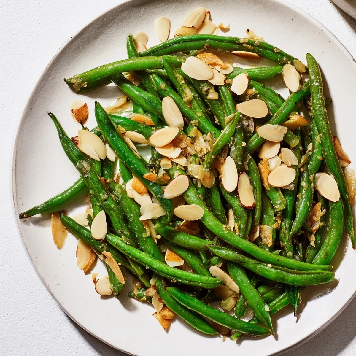Tender, bright-green Sautéed Green Beans with garlic and almonds seasoned for perfect flavor.