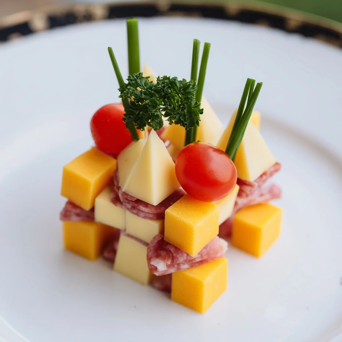 A close-up of The Checkerboard Chalet: a colorful appetizer with cheese, meats, and garnish.