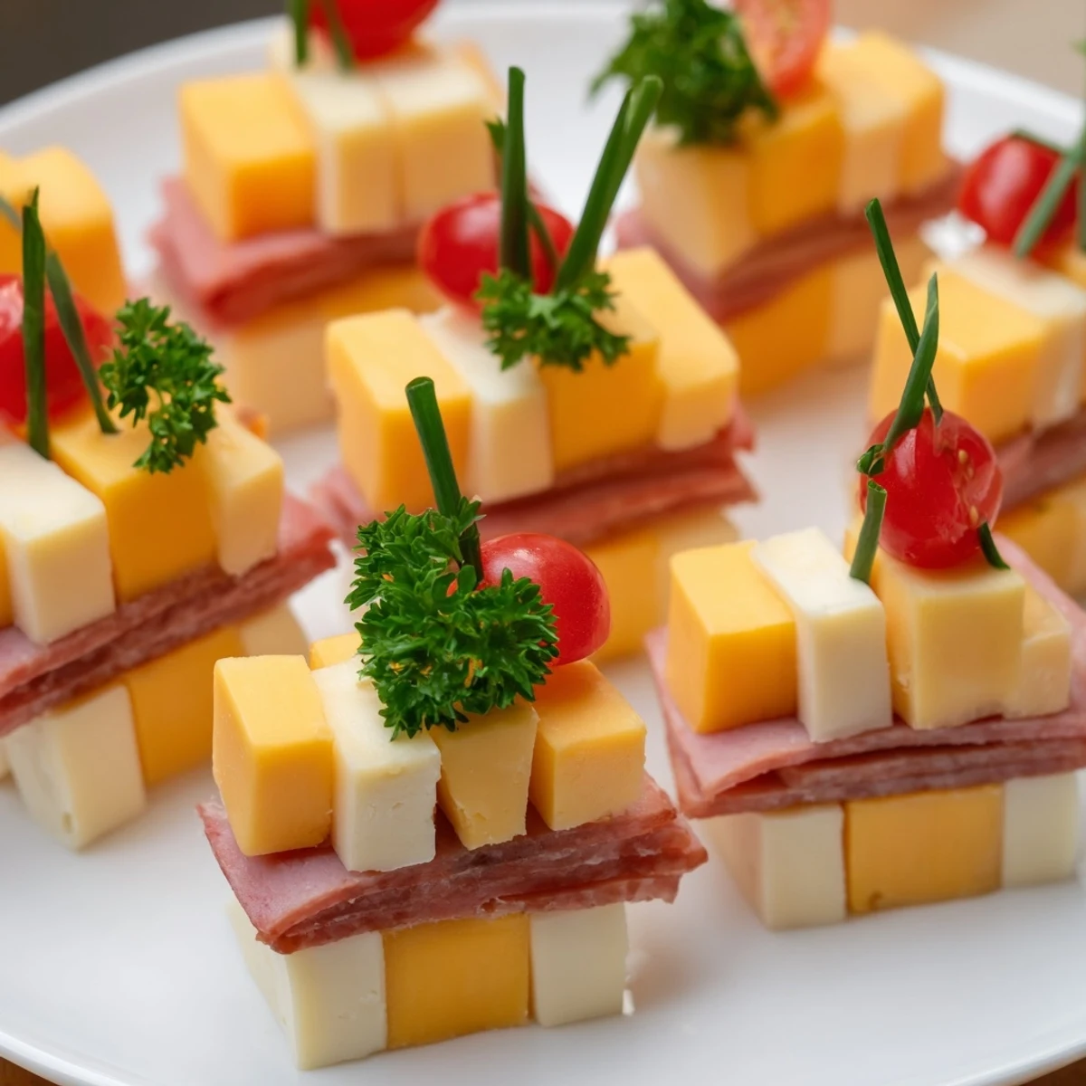 This image showcases The Checkerboard Chalet; a visually stunning appetizer made with cheese and meats.