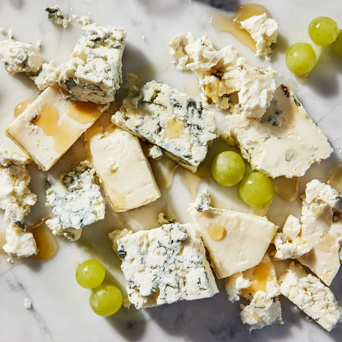 Dramatic "Marble Quarry" cheese board with chunks of blue cheese and cheddar ready to enjoy.