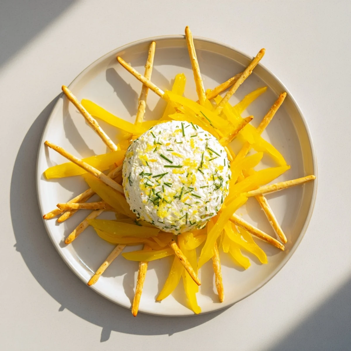 The Tuscan Sunburst appetizer: Sweet peppers and creamy goat cheese arranged like a bright sun.