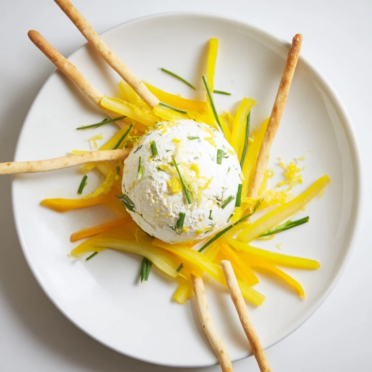 Picture the vibrant Tuscan Sunburst: Lemon-infused goat cheese surrounded by yellow pepper "rays."