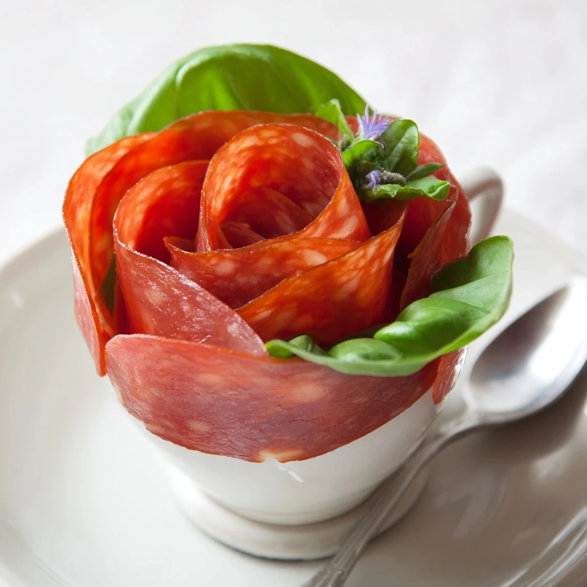 Victorian Tea Rose appetizer, elegantly arranged salami and pepperoni roses in porcelain teacups.
