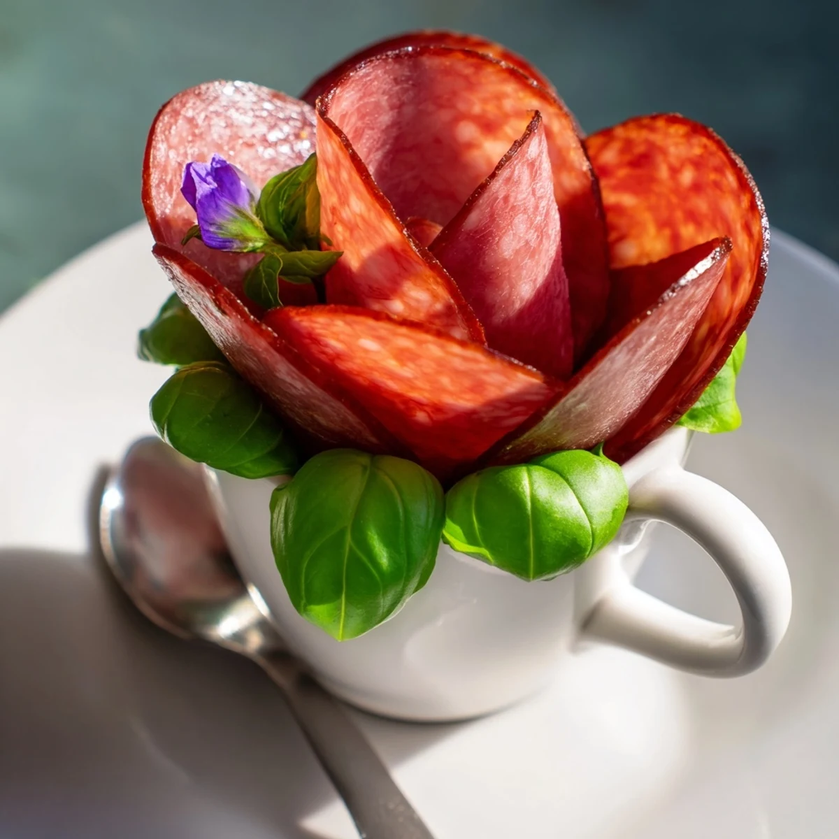 Close-up of a charming Victorian Tea Rose presentation, featuring meat rosebuds ready to be enjoyed.