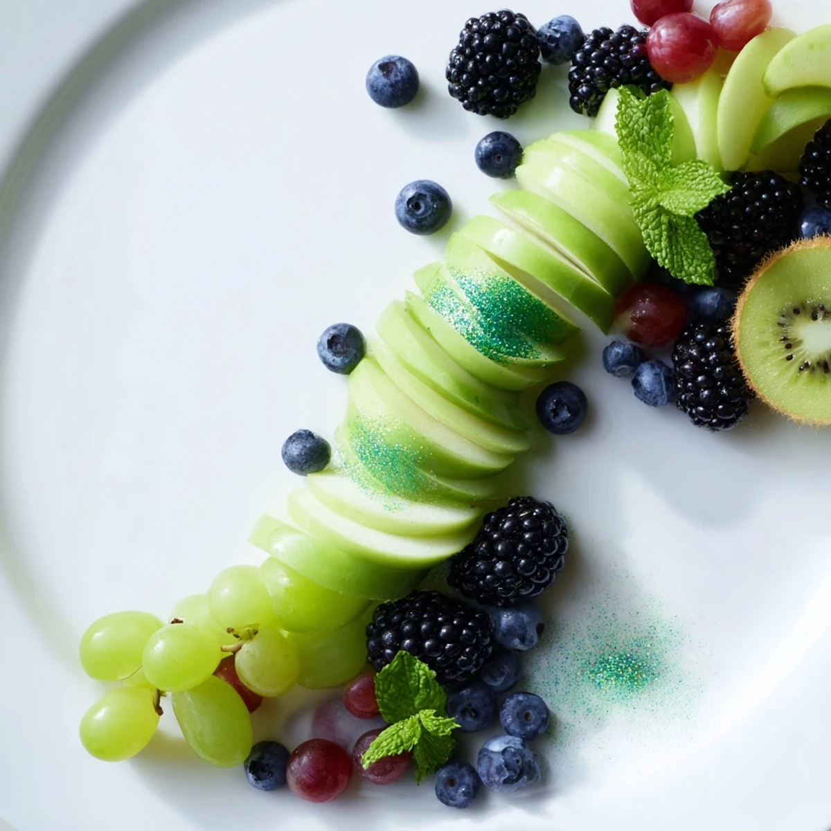 Vibrant The Aurora Borealis Sweep fruit platter with green and purple fruits arranged in waves.