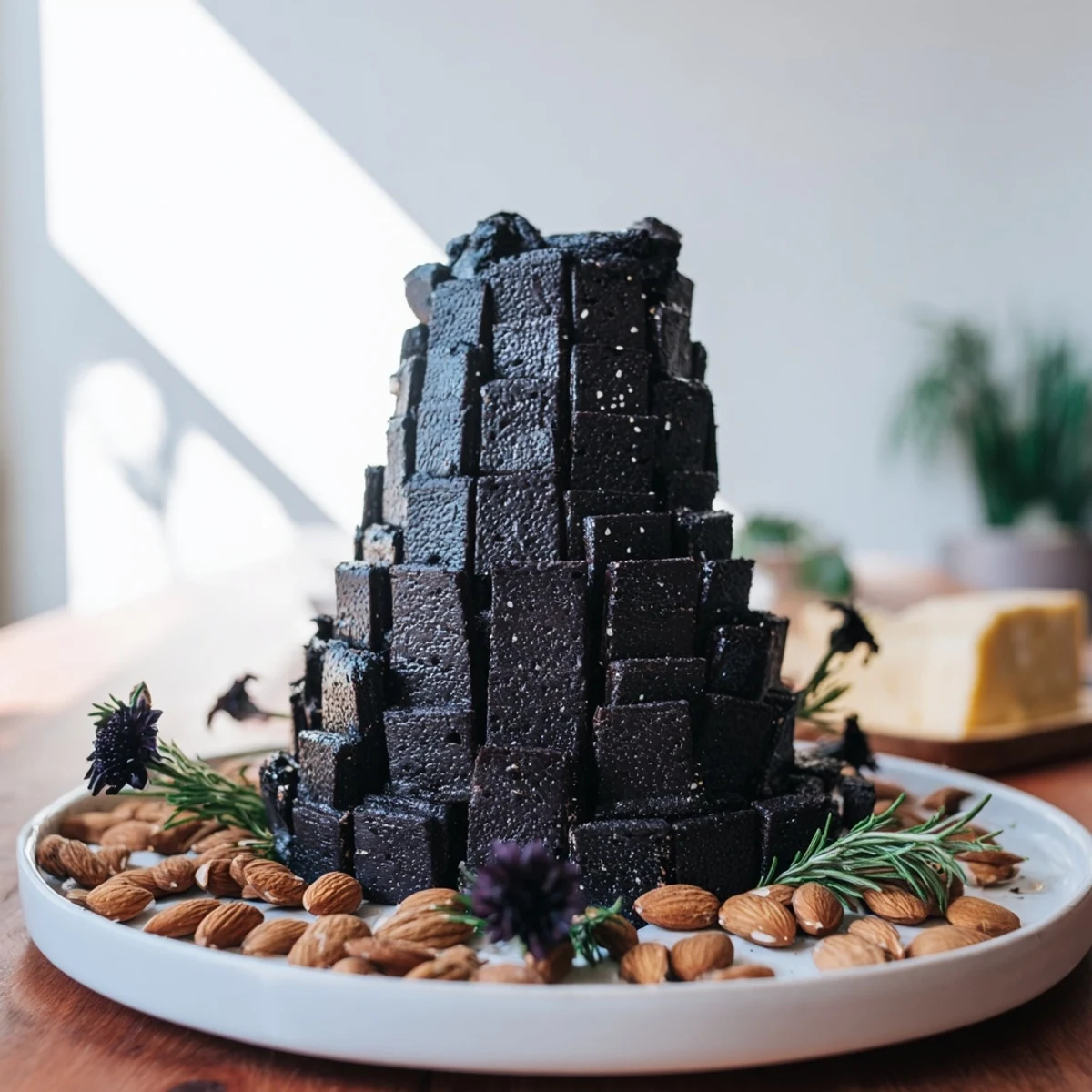 The Obsidian Peak cheese platter centerpiece, with dark rye crackers and charcoal-dusted almonds ready to serve.
