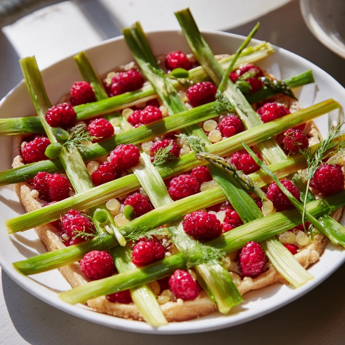 Delicate The Botanical Lattice features woven asparagus, chives, and bright summer berries ready to eat.