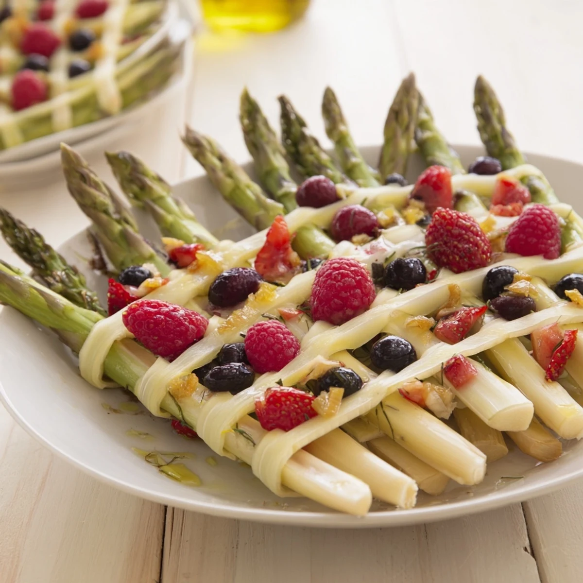 Imagine the vibrant colors of The Botanical Lattice: fresh asparagus, juicy berries, and olive oil glistening upon it.
