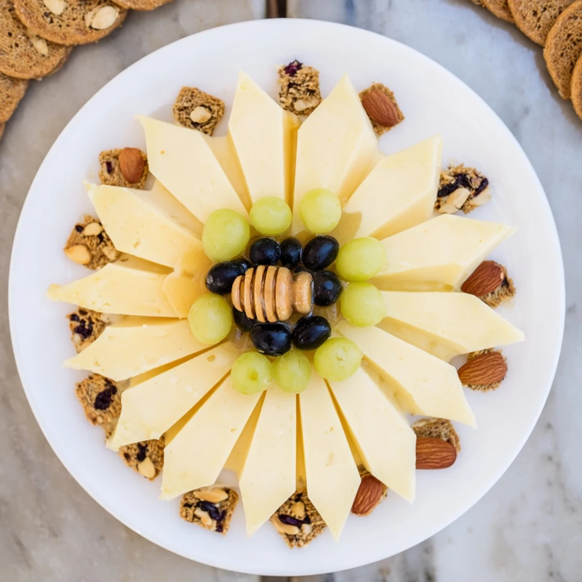 This "Gilded Hive" appetizer presents a honeycomb centerpiece surrounded by assorted cheeses and crackers.