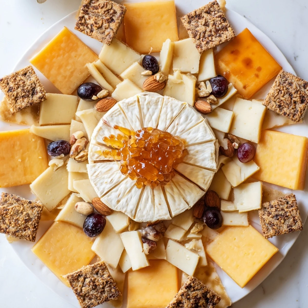 A beautiful "Gilded Hive" cheese board with artfully arranged, hexagonal cheeses and crackers.