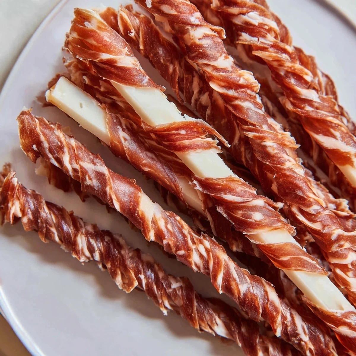 Golden, glistening The Nautical Knot appetizer showcasing braided prosciutto and mozzarella cheese for serving.