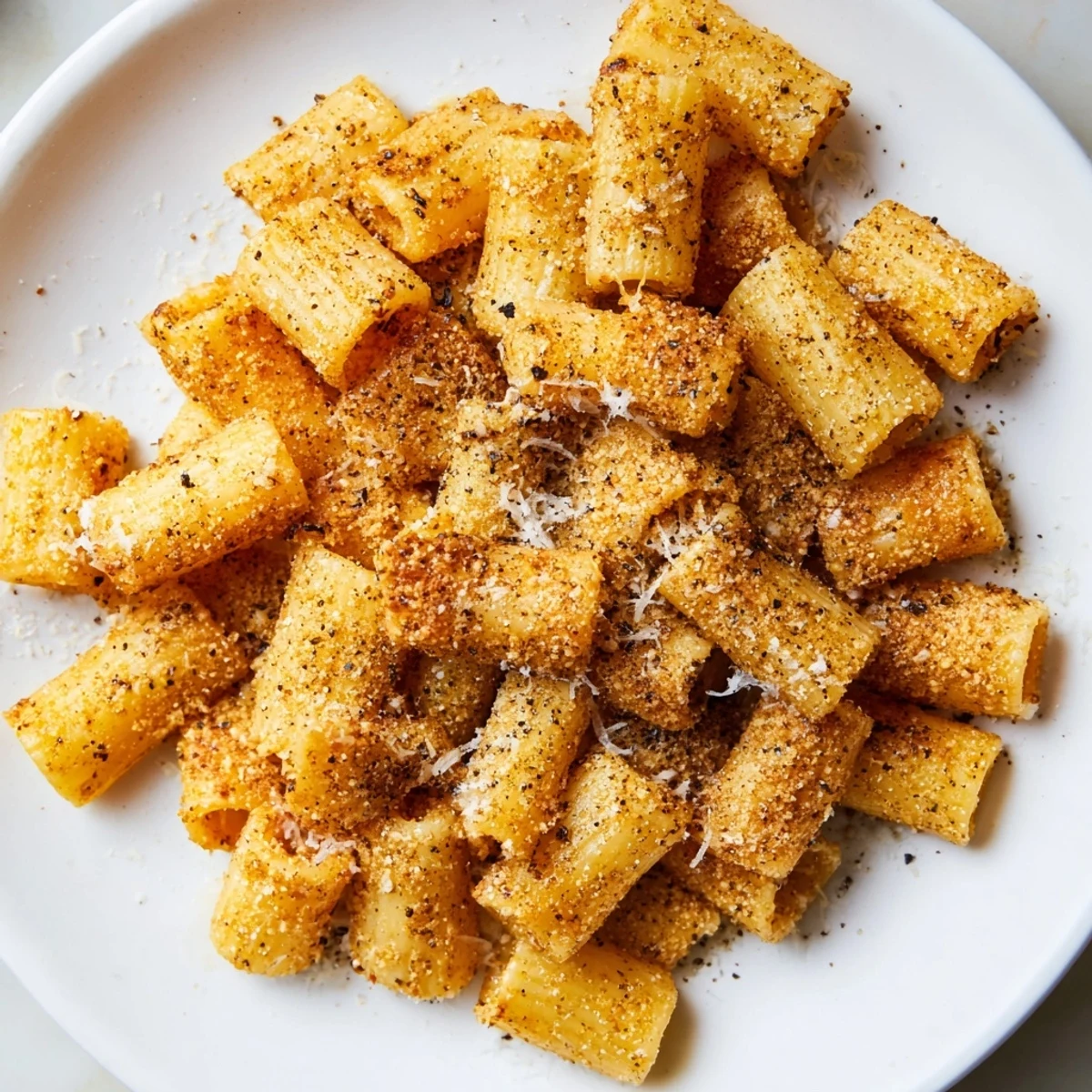 Golden-brown Air Fryer Pasta Croutons, crunchy and flavorful, perfect atop a fresh Caesar salad.