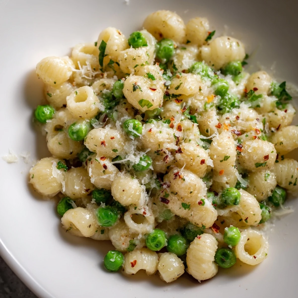 Steaming bowl of Garlic Butter Ditalini with peas, a comforting Italian-inspired vegetarian dinner.