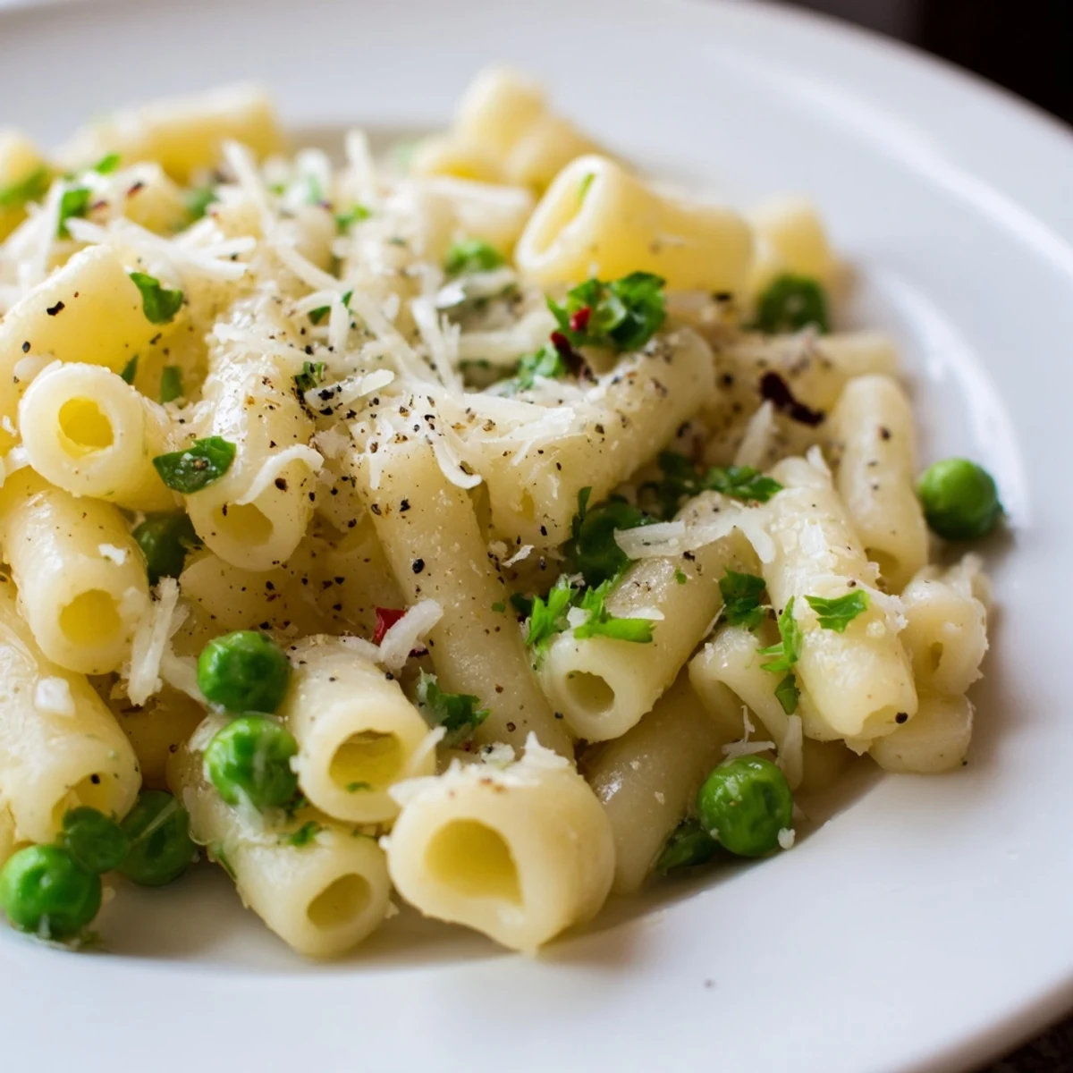 Bright green peas and Parmesan cheese crown Garlic Butter Ditalini, ready for a delicious bite.
