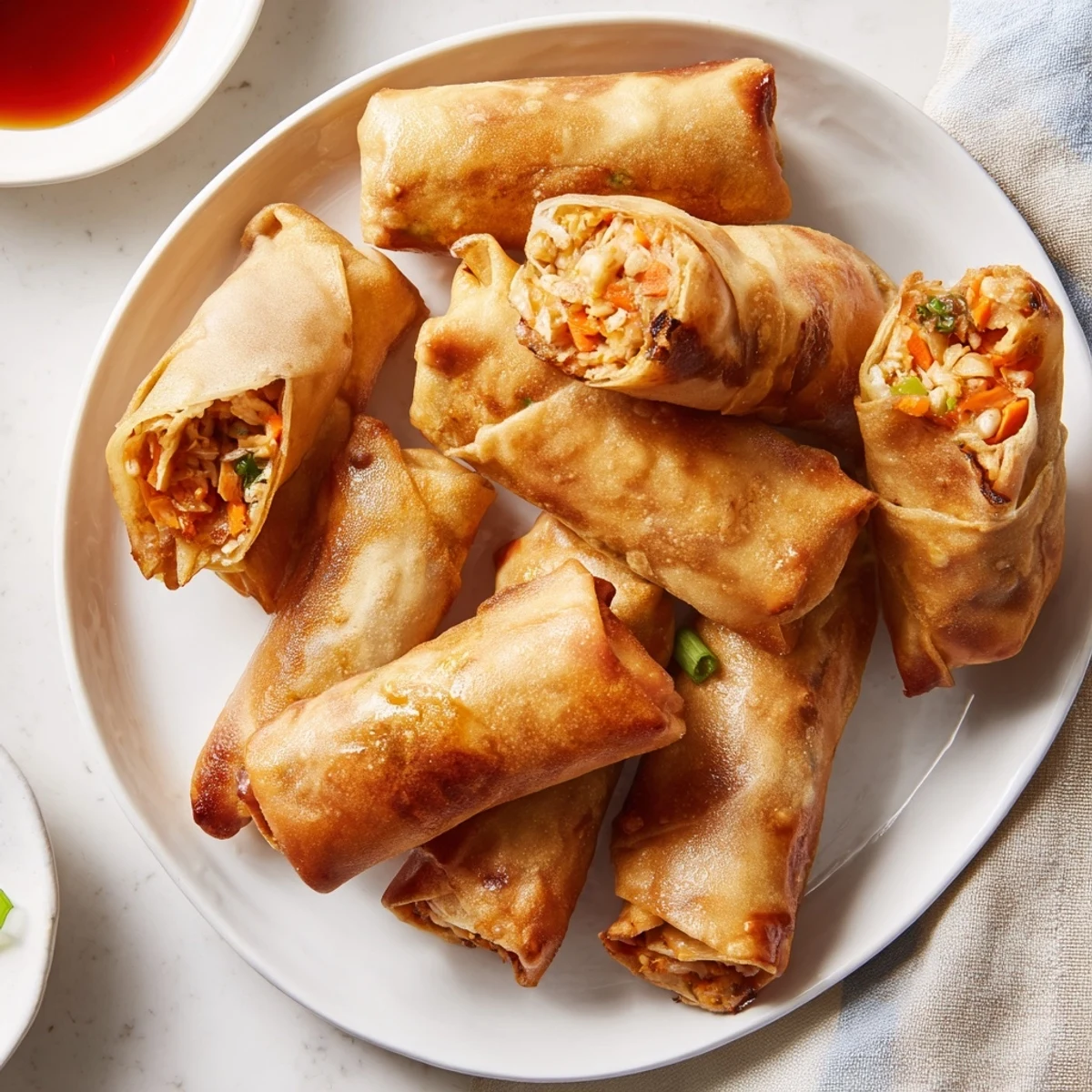 Golden, crispy Air Fryer Chicken Lumpia Bites on a plate, ready to dip in savory sauce for a treat.