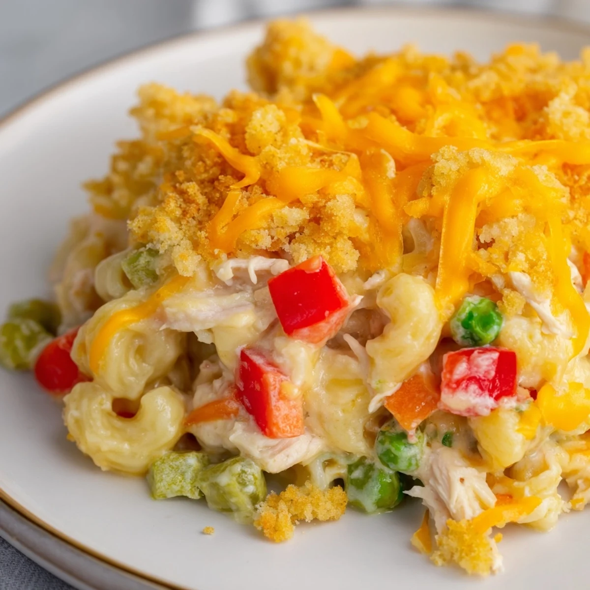 Creamy, cheesy Chicken Macaroni Southern Style casserole, bursting with tender chicken and colorful vegetables.