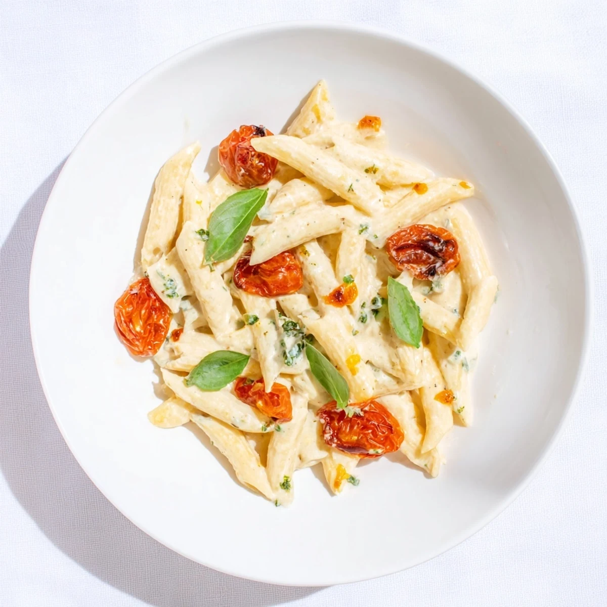 A close-up of finished Boursin cheese pasta, showcasing the vibrant red tomatoes and herbed cheese.