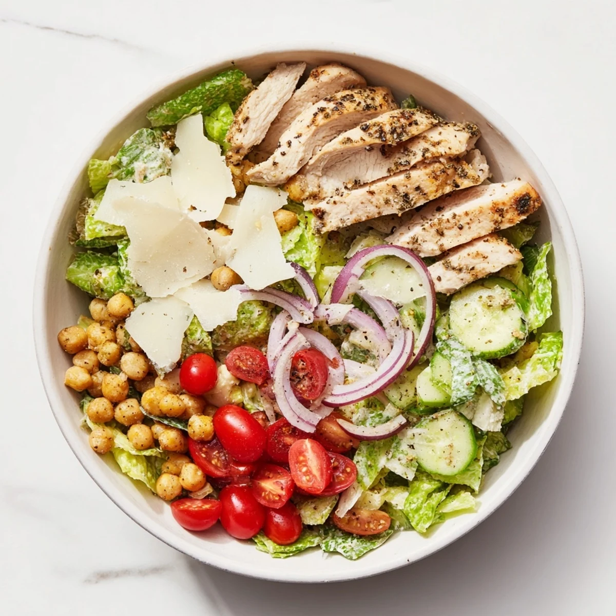 Chicken Caesar Pasta-less Bowl with grilled chicken and creamy dressing, ready to eat.