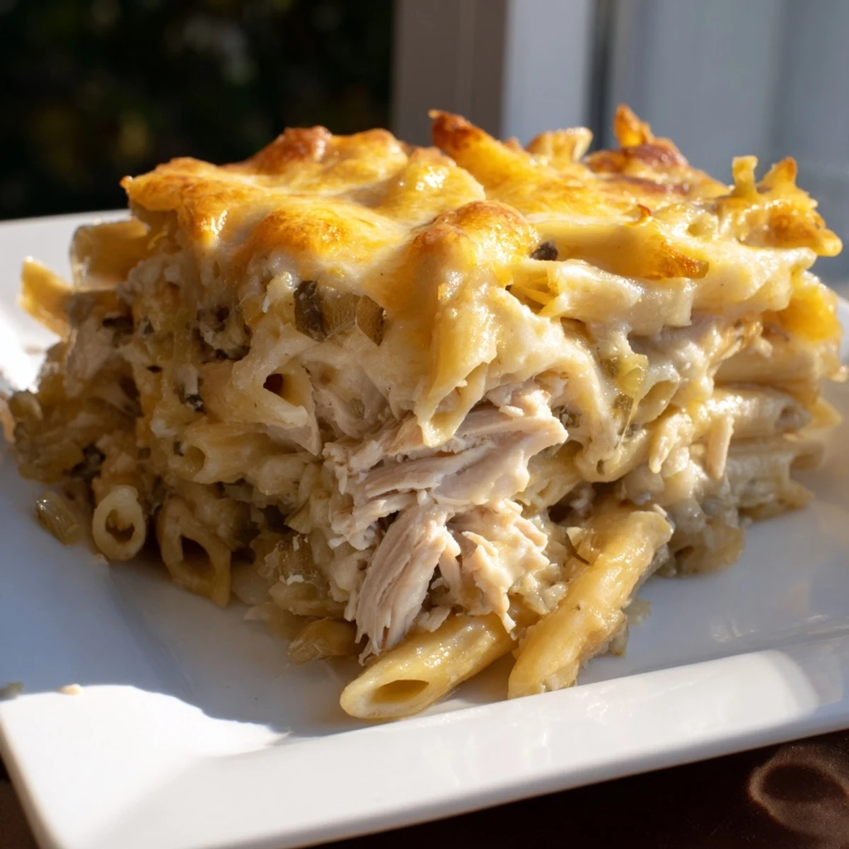 This photo shows a close-up of the delicious Moist Maker Pasta Casserole, ready to serve and enjoy.