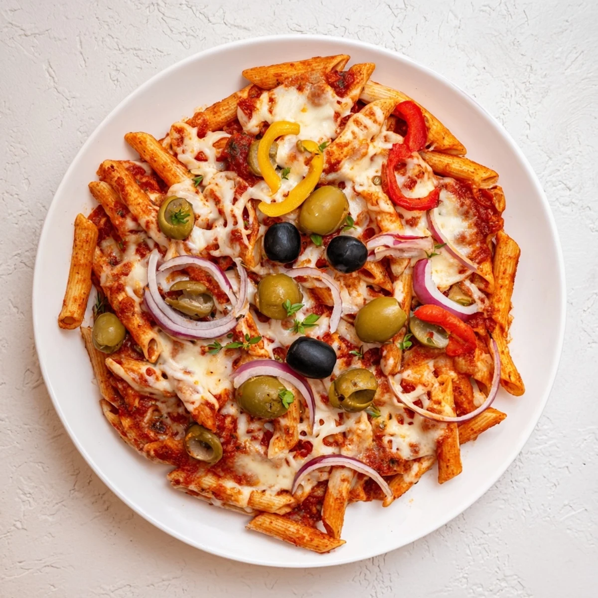 Steaming one-pot pizza pasta express features melted mozzarella and colorful bell peppers, ready to eat.