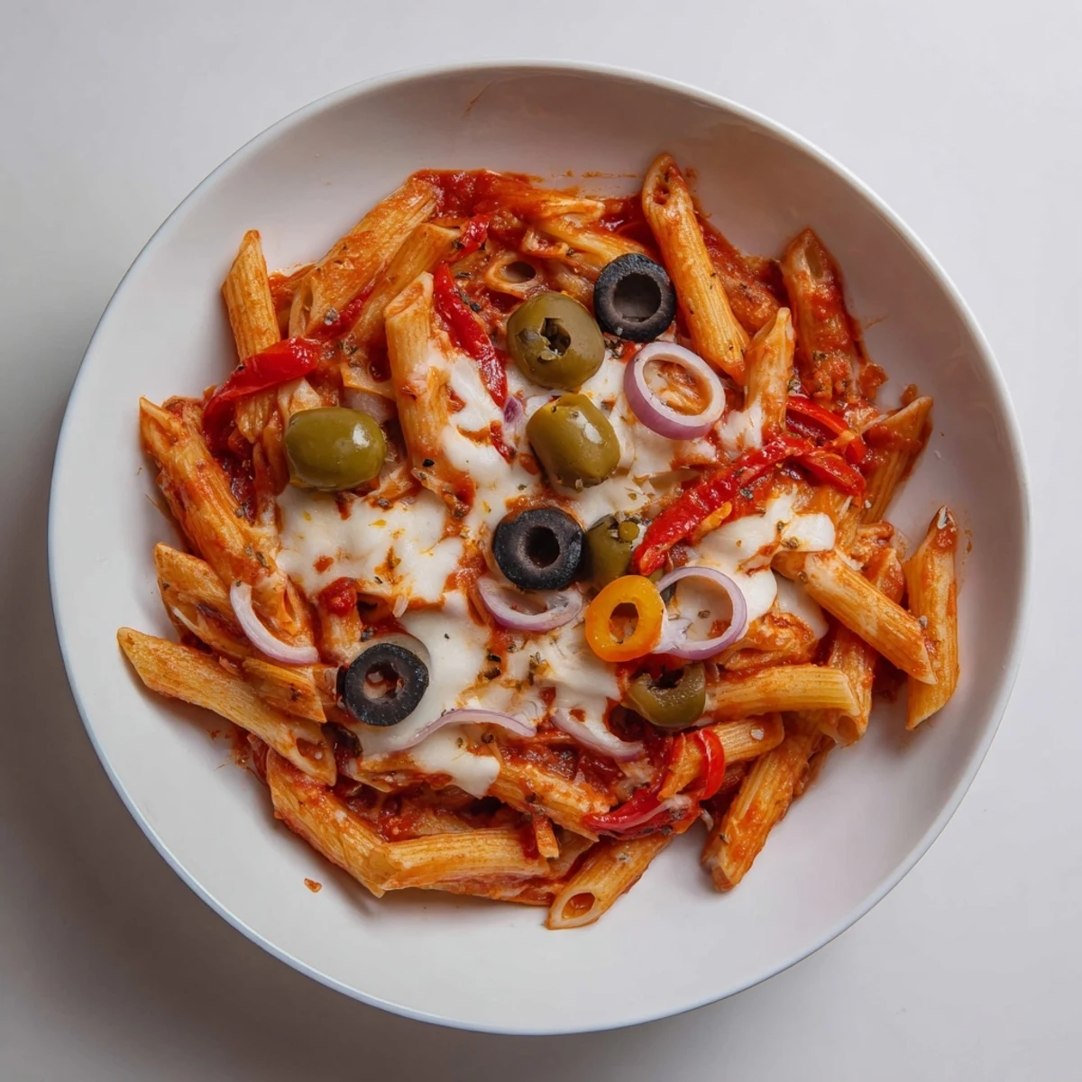 A bubbling skillet of one-pot pizza pasta express showcases a quick, easy Italian-American comfort dish.