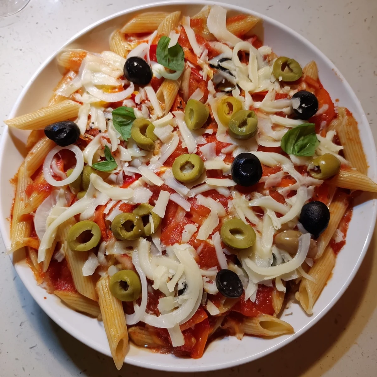 Vivid image of one-pot pizza pasta express, highlighting pepperoni and olives in a delicious meal.