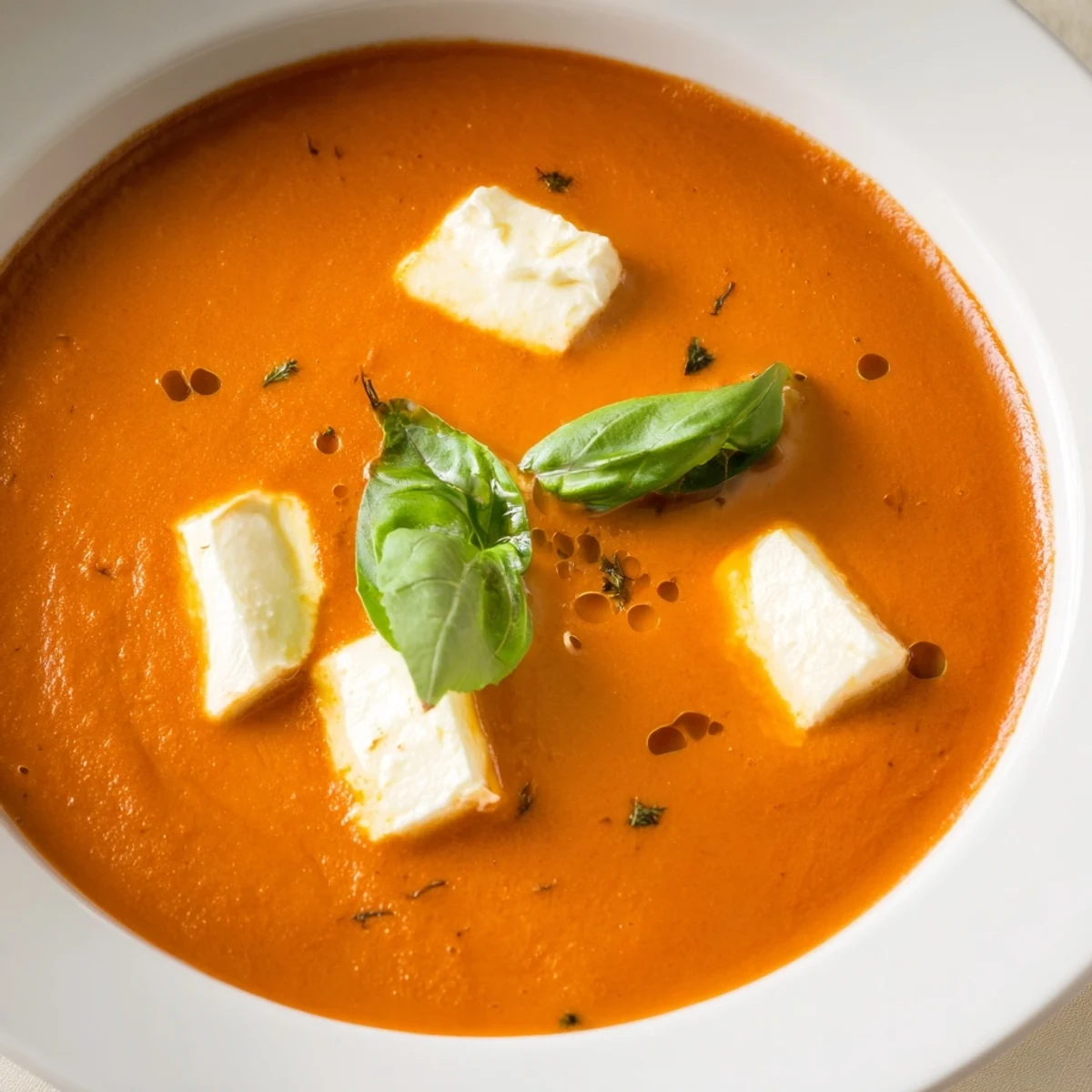 Homemade Creamy Tomato Mozzarella Soup, topped with fresh basil, ready for a delicious dinner.